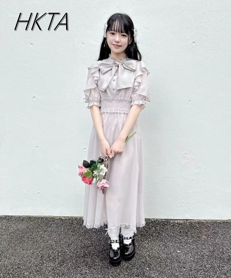 Japanese Rojita Style Mine Elegant Bow Tie Waist-Tight Long Dress Spring Summer Women's Ruffled Short Sleeve Chiffon Maxi Dress