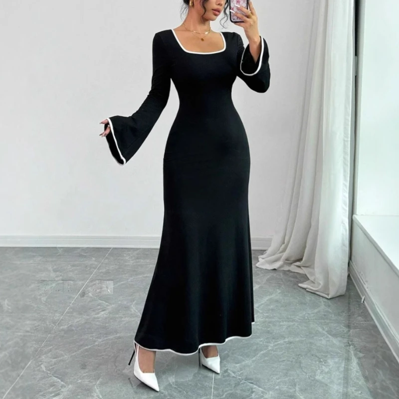 

Women Elegant Black Maxi Dresses Long Sleeve Fare Square Neck A Line Solid Spliced Chic Party Night Gown Dress Autumn Spring
