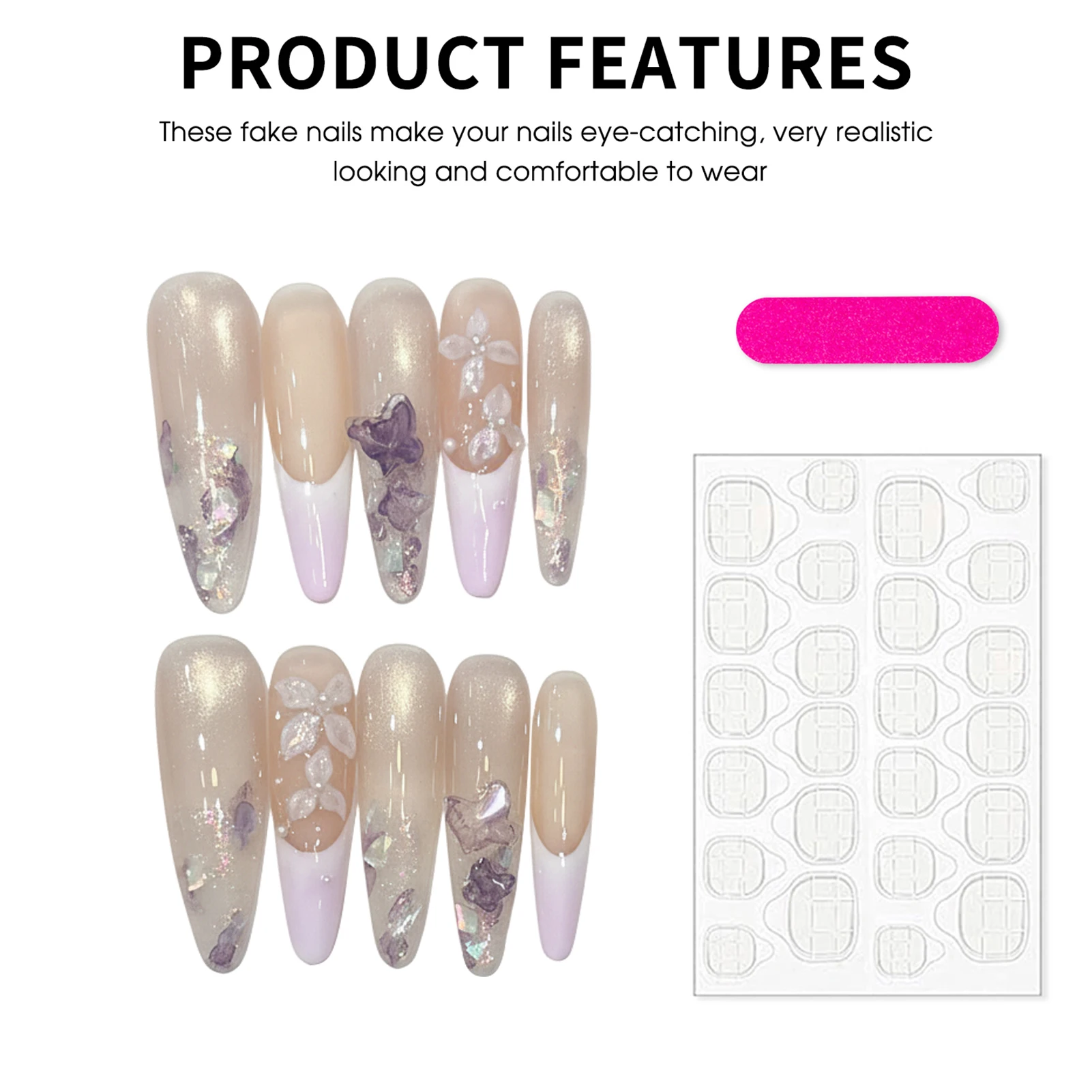 10 pçs suave longo amêndoa handamde unhas falsas estilo chinês tinta-lavagem borboleta flor imprensa em unhas olho de gato francês unhas falsas