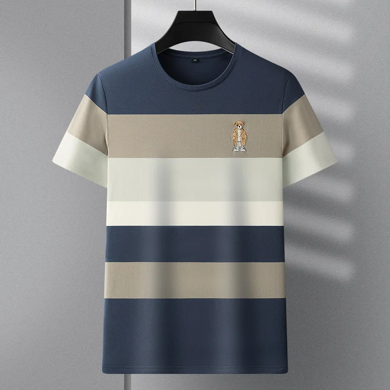 Exquisite cartoon bear embroidery men\'s striped short sleeved T-shirt summer pure cotton fashionable breathable casual T-shirt