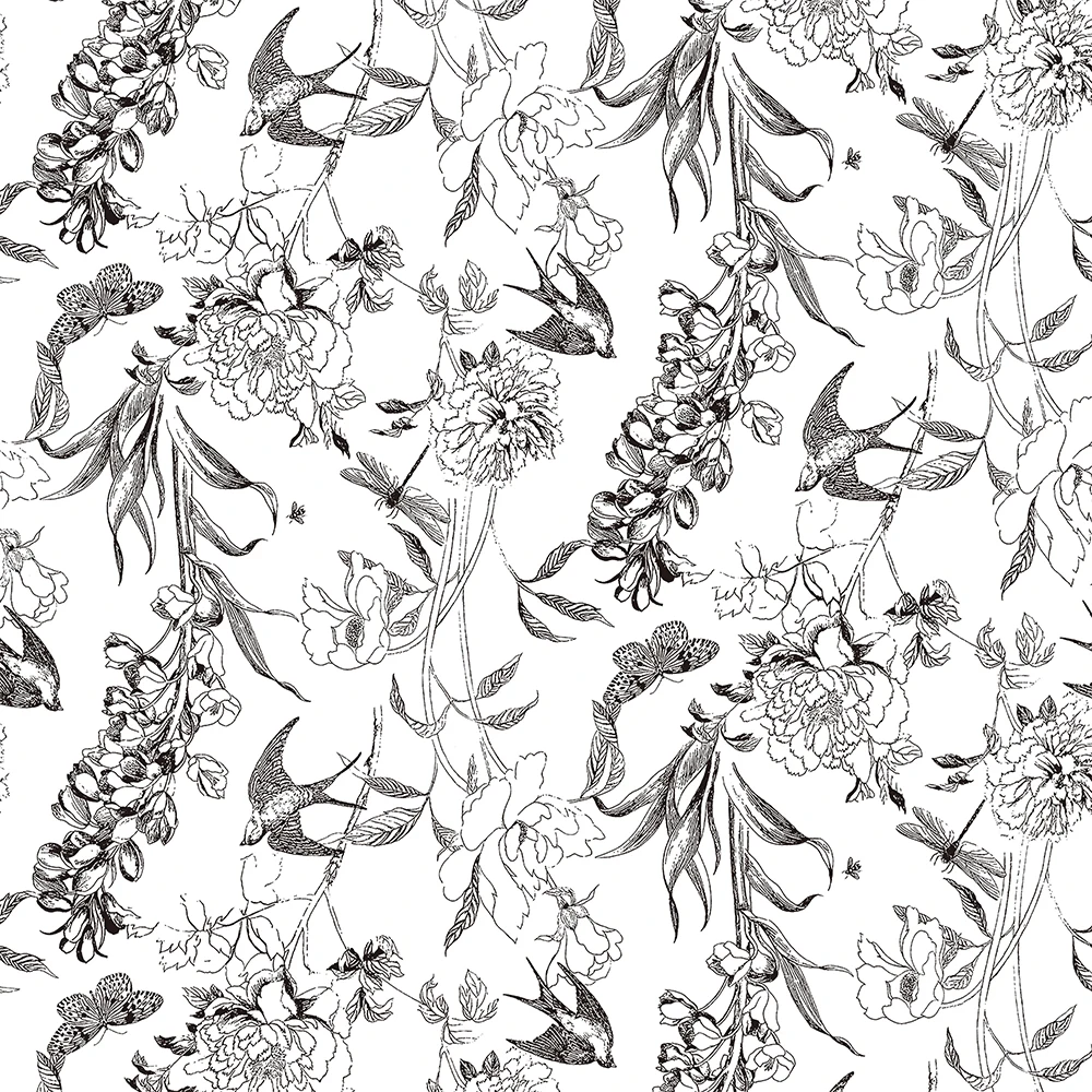 

Retro Line Sketch Floral Wallpaper White And Black Flower Birds PVC Furniture Cabinet Sticker Removable Wall Sticker Home Decor