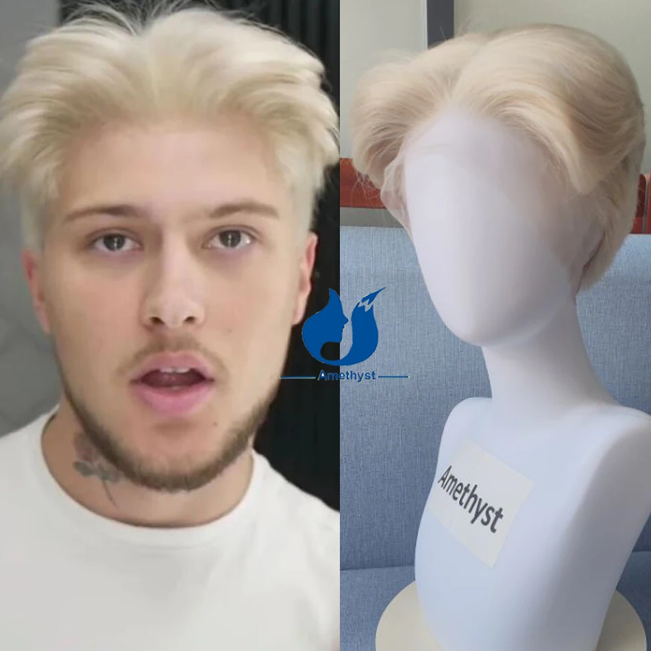 

Мужской парик с короткой прямой стрижкой из аметистового волокна # Парик из 100% натуральных волос, платиновый блонд, с бакенбардами, 60 см, полностью на кружевной основе