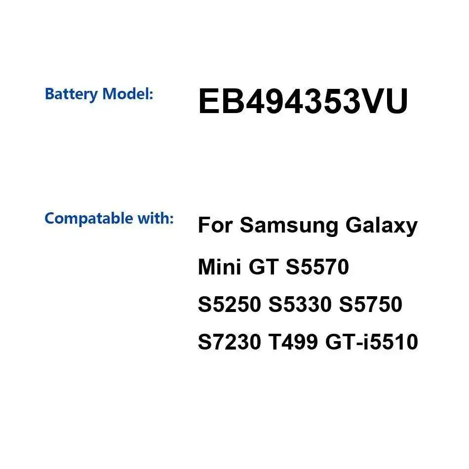 

Mobile Phone Battery EB494353VU 1200Mah For Samsung Galaxy Mini GT S5570 S5250 S5330 S5750 S7230 T499 GT-I5510