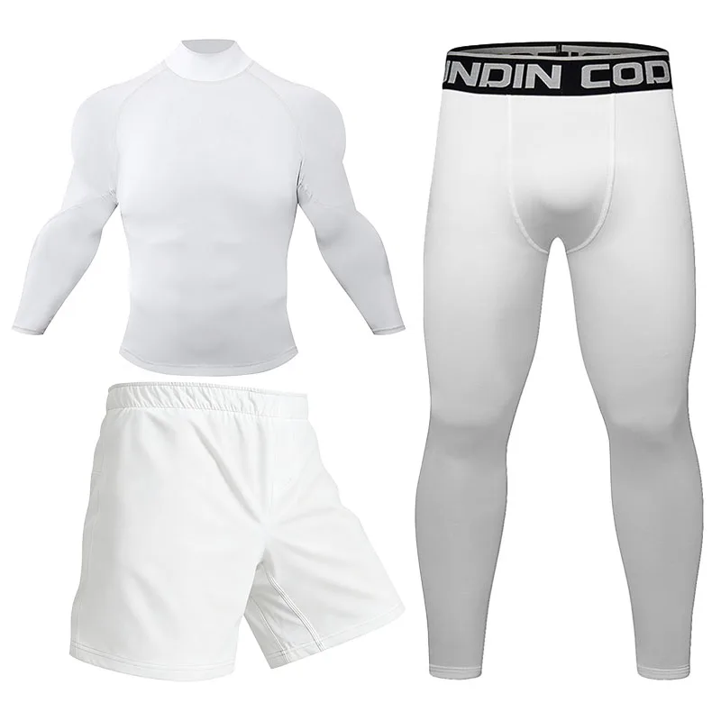 Men's 4Pcs MMA BJJ Compression Set White Solid High Neck Short & Long Sleeve Rash Guard Anti-slip Hem Shorts Anti-slip Waistband