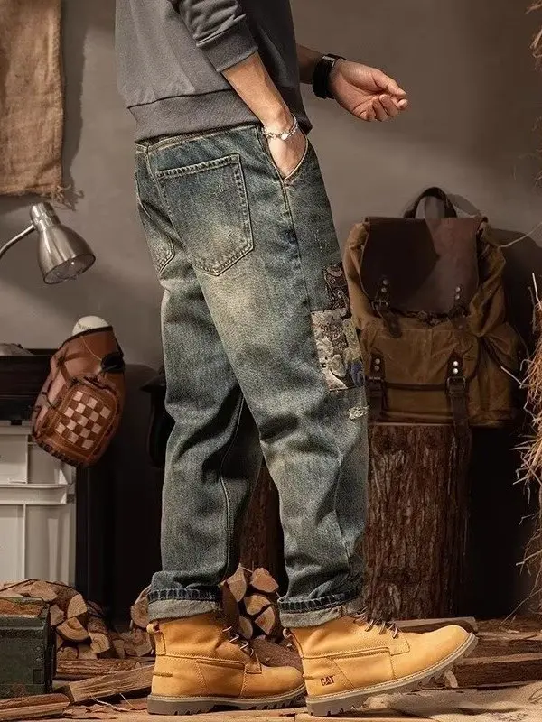 

Мужские свободные прямые джинсы American Sle Heavyweight High Street, повседневные брюки с пэчворком и дизайном с дырками