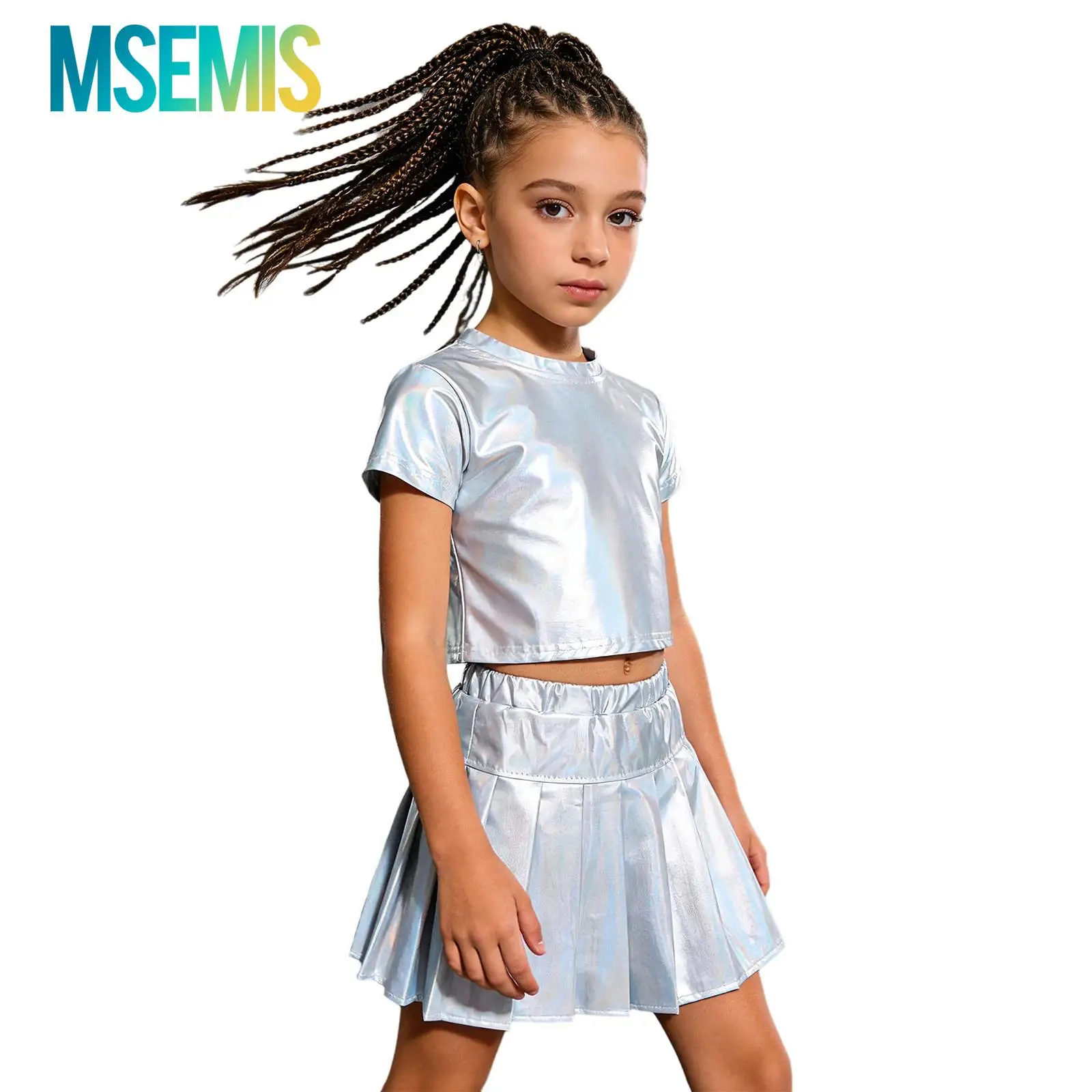 

Kids Boys Girls 2-Piece Metallic Outfit Hip Hop Jazz Dance Performance Costume Round Neck Short Sleeve T-shirt with Shorts Skirt