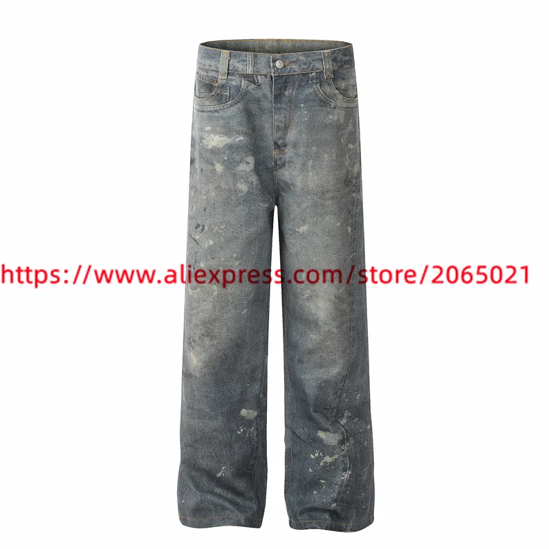 Worn out splatter graffiti casual slimming high waisted straight leg wide leg jeans Men Women Oversize Joggers Trousers