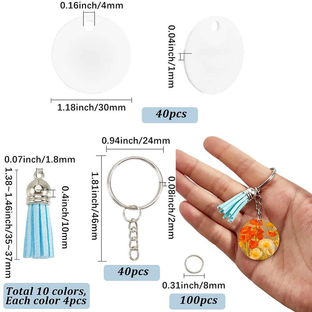 1 Box 220Pcs 40 Sets Sublimation Key Chain Blanks Round Sublimation Keychain Kit Bulk Double Side Metal Split Rings Tassels