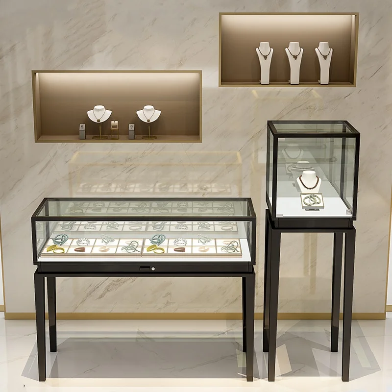 Customized product、Luxury Showroom Counter Stainless Steel Store Furniture Glass Jewelry Display Showcase Jewelry Cabi