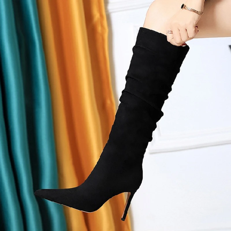 

BIGTREE Pleated Pointed toe Women Knee Length Boots Winter Sexy High Heels Fashion Long Boots Zapatos Mujer