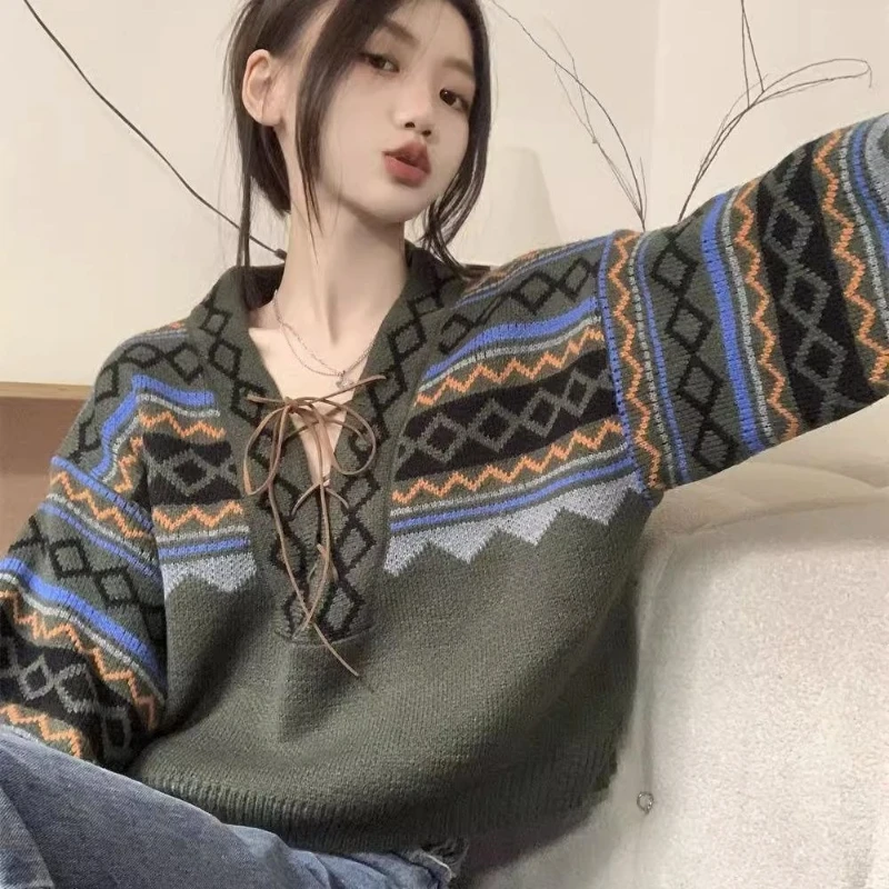 Women's 2026 Autumn Winter Vintage Ethnic Crochet V Neck Color Block Drawstring Knit Sweater Loose Warm Chic Coquette Mujer