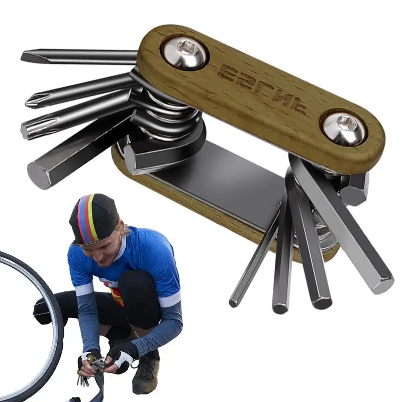 Bicycle Tool Kit 8 In 1 Multi-Function Bike Tool Kits Side Screw Adjustment Stainless Steel Beech Wood Grip Lightweight Heavy