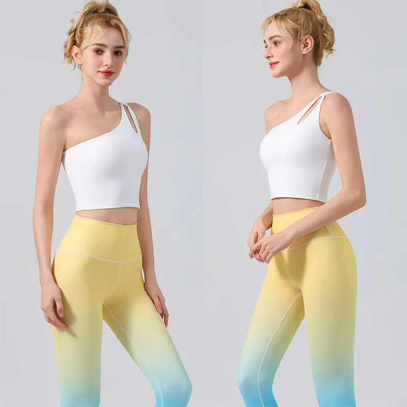 

Women's One Shoulder Workout Set Yoga Outfit 2 Pieces Fitness Running Clothes Breathable Sports Bra Top with High Waist Leggings