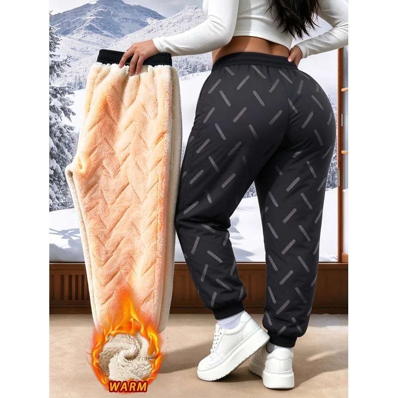 Women's Warm Fleece Thickened Winter Pants Elastic Waist and Adjustable Drawstring Zippered Pockets Man Work Men