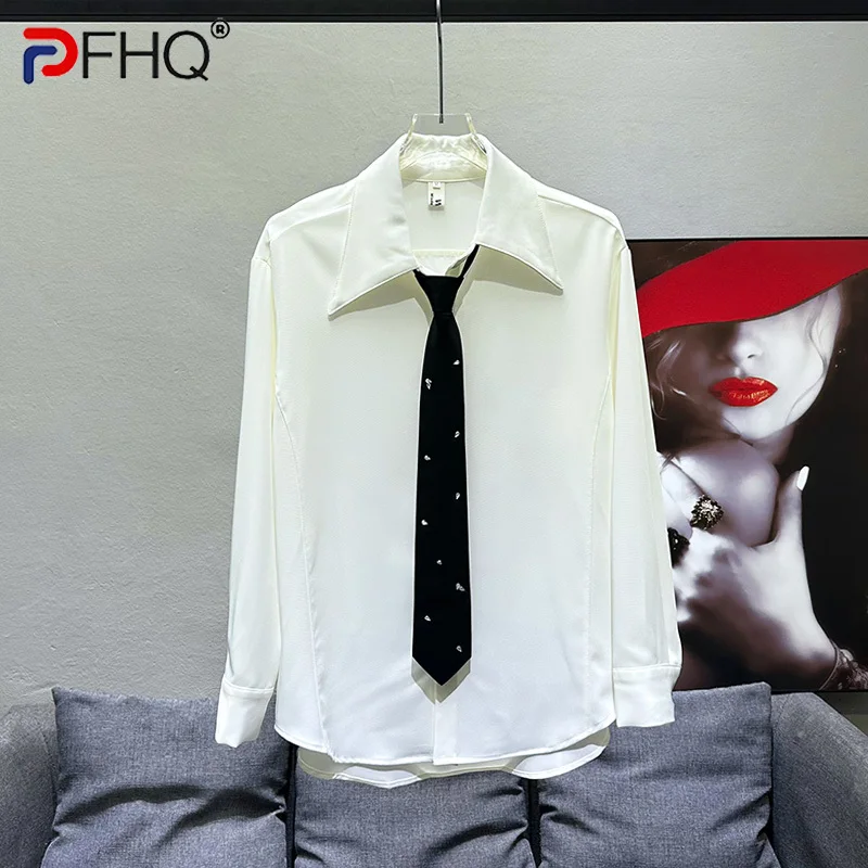 

PFHQ Men's Shirts Rivet Diamond Tie New Versatile Long Sleeved Nightclub Handsome Korean Version Temperament Tops Summer 21Z4193