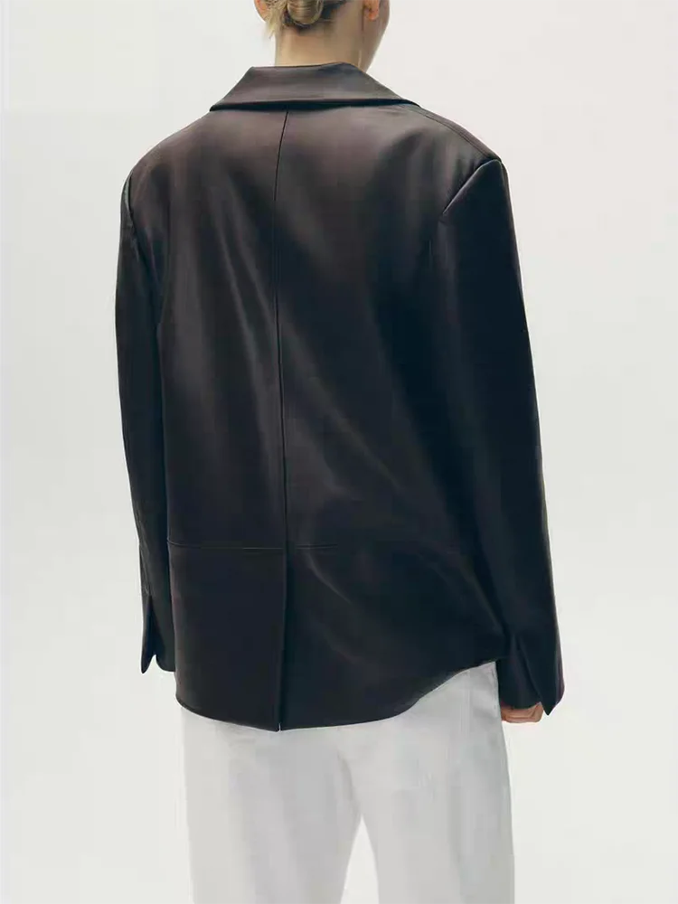 Faionable Loose Long Sve Leather Effect Suit Jaet Women's Casual Sle Autumn New Arrival Button Closure Coat