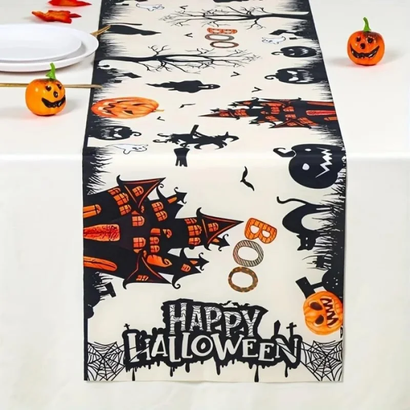 1pc Halloween Dining Table Runner Witch Haunted Castle Pumpkin Ghost Spider Web Print Table Decor for Party Home Kitchen