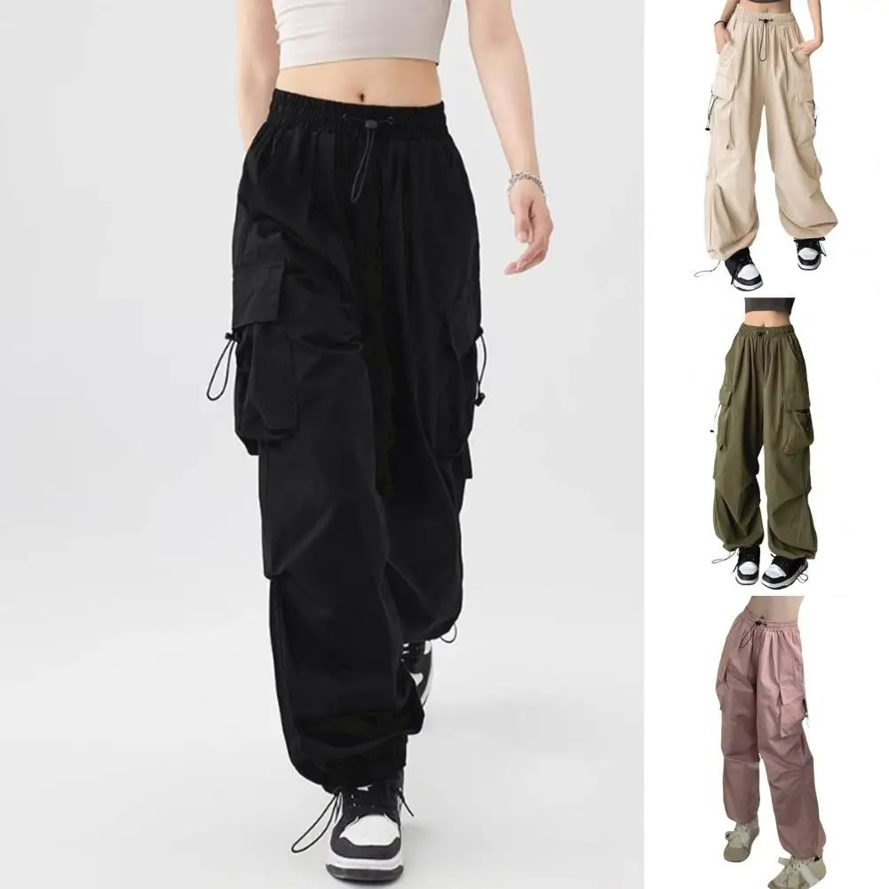 

Multi Pockets Solid Color Trousers Versatile Street Style Cargo Pants with Adjustable Drawstring Waist Wide Leg Pants for Women