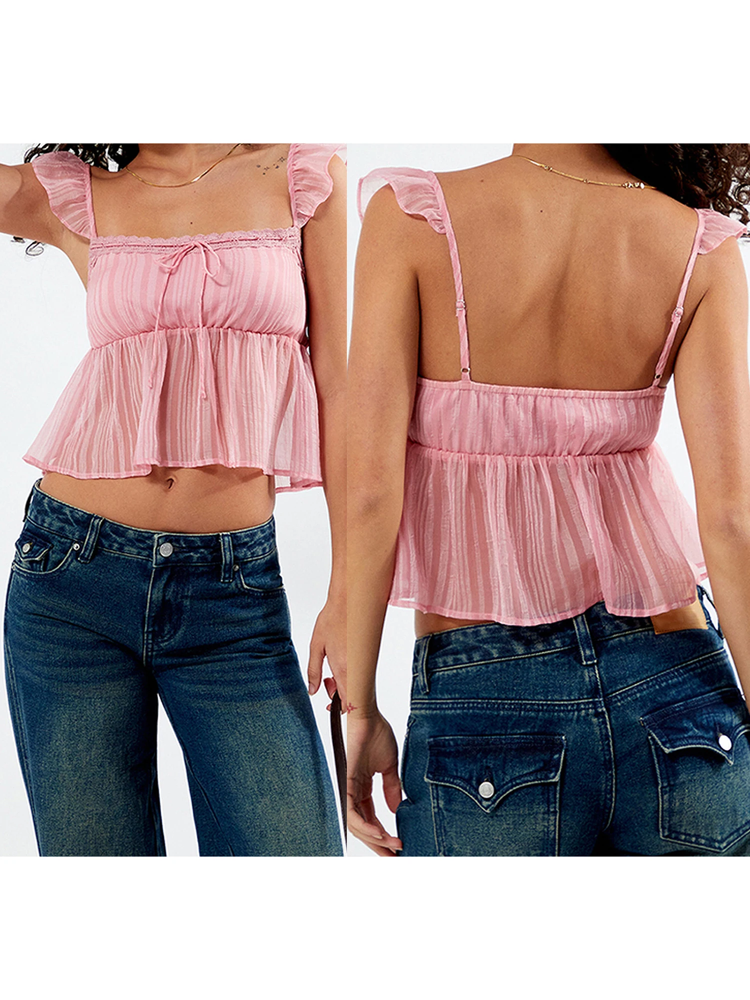 Blusa de moda informal con estampado floral bohemio y hombros descubiertos con volantes y ribete de encaje y lazo frontal para mujer