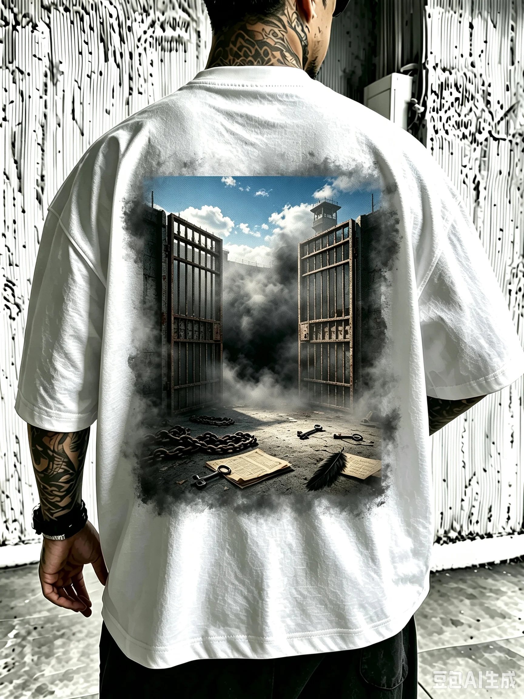 Camiseta informal unisex extragrande para hombre y mujer, camiseta con estampado de cadena de puerta de prisión oxidada y plumas en la espalda, camiseta de algodón de manga corta con temática gótica vintage oscura de la libertad