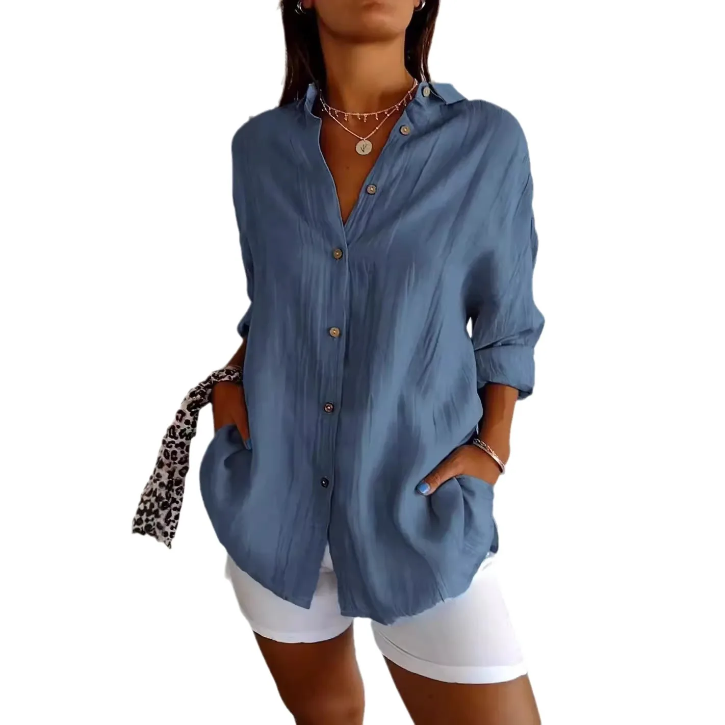 Summer V-Neck Ladies Fashion Loose Casual Cotton and Linen Button-Down Shirt Solid Lapel Top Cotton and Linen Shirt Ladies Retro