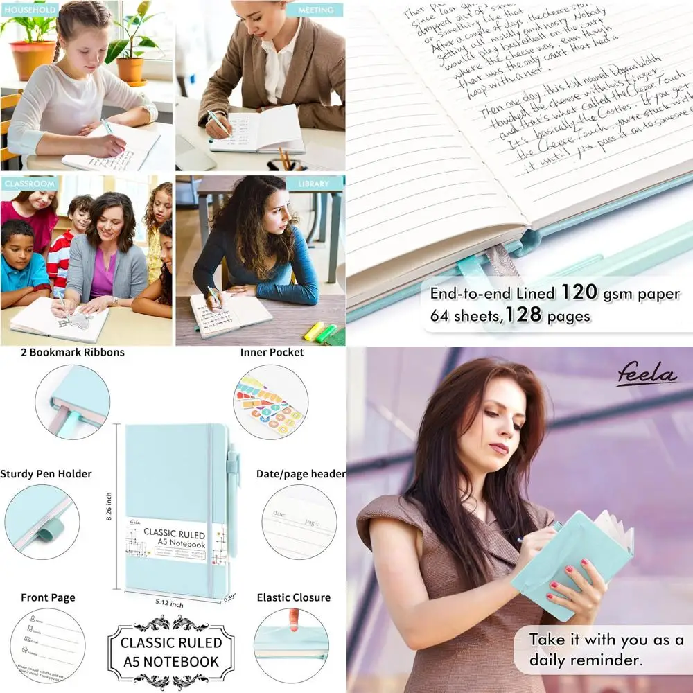 

A5 Sky Blue Hardcover Notebook Set with Lined Pages, Pen Holder, and 12 Pens for Women & Girls