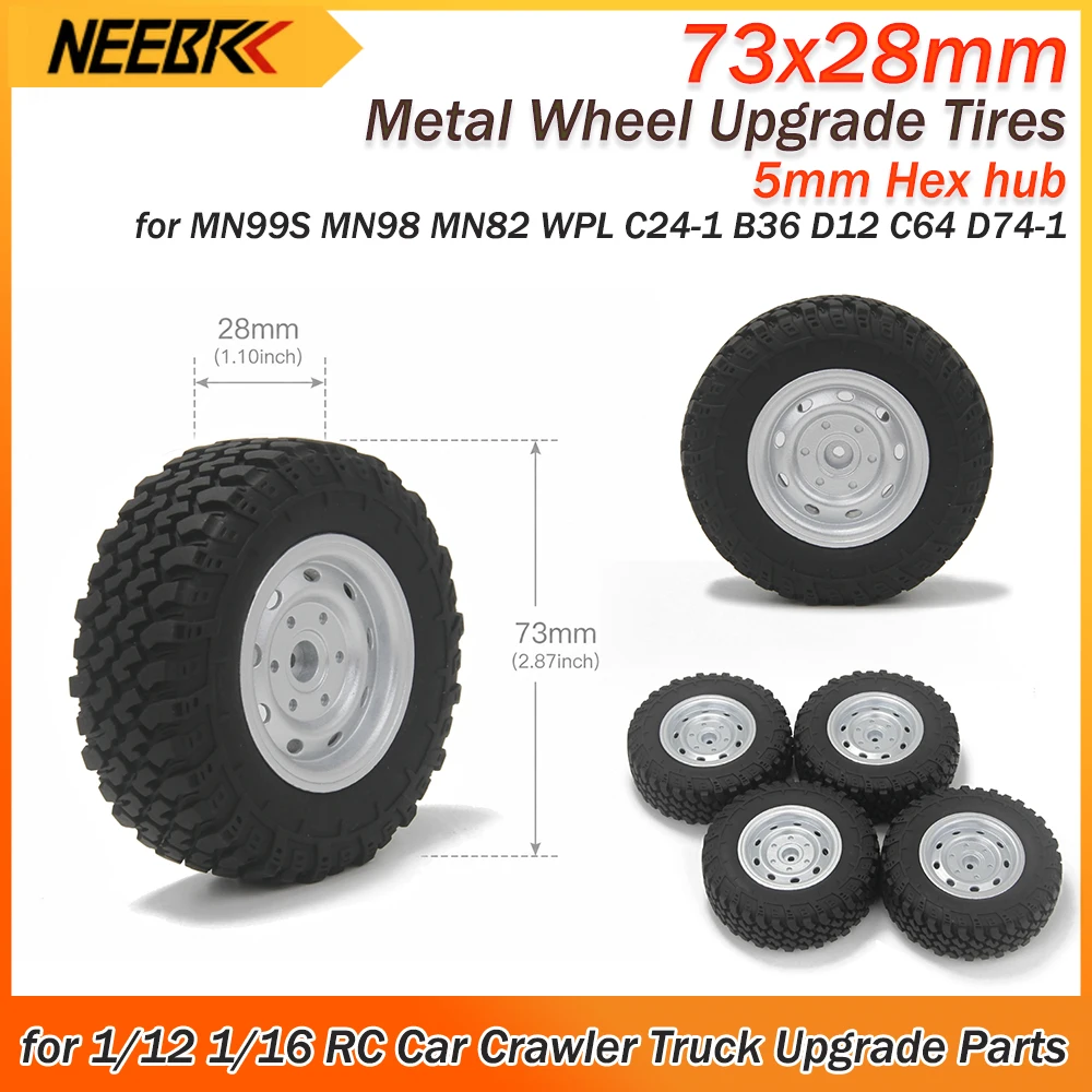 

4PCS 73mm RC Tires 5mm Hex Metal Wheel Hub Upgrade Tyre for MN99S MN98 MN82 WPL C24-1 B36 D12 C64 D74-1 1/12 1/16 RC Car Parts