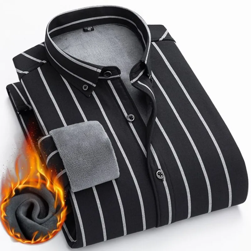 

Утолщенная флисовая зимняя рубашка для мужчин в полоску, повседневные деловые топы против морщин, теплая рубашка с лацканами на пуговицах и длинными рукавами