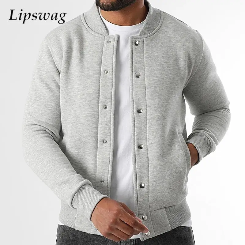 

Модная простая однотонная мужская куртка, новая повседневная толстовка с воротником на пуговицах, осенне-зимняя верхняя одежда на флисовой подкладке