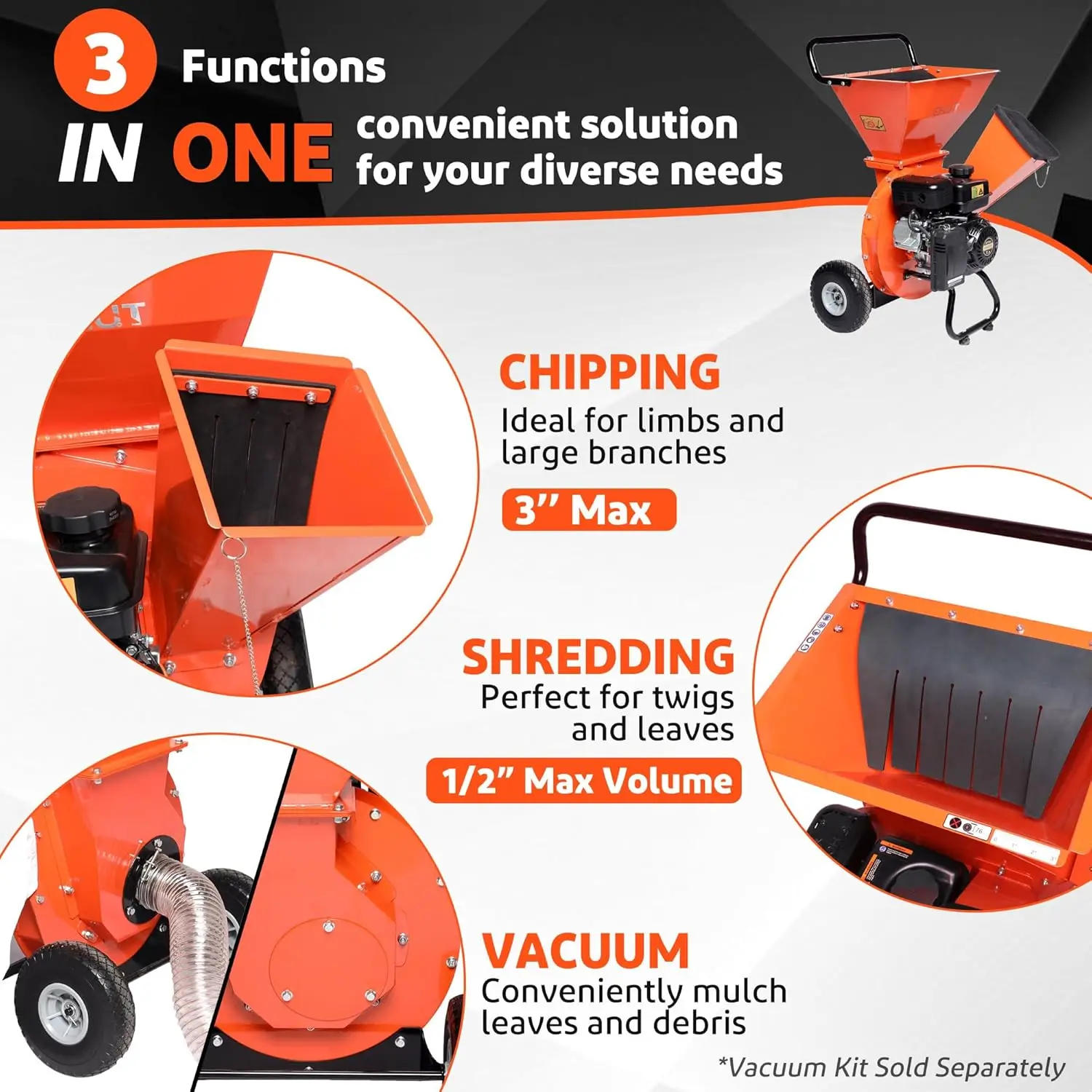 เครื่องหั่นย่อยไม้ mulcher 7HP 3 in 1เครื่องหั่นไม้อเนกประสงค์3 "นิ้วเส้นผ่าศูนย์กลางสูงสุดความจุไม้