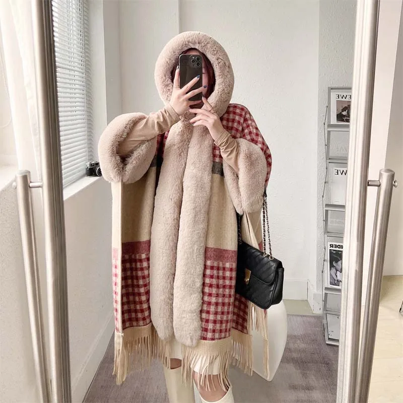 Upgrade Thicken Fashion Faux Rabbit Fur Coat Cape Hooded Women Winter Loose Wool Blends Cloak Long Overcoat Velvet Lining Warm