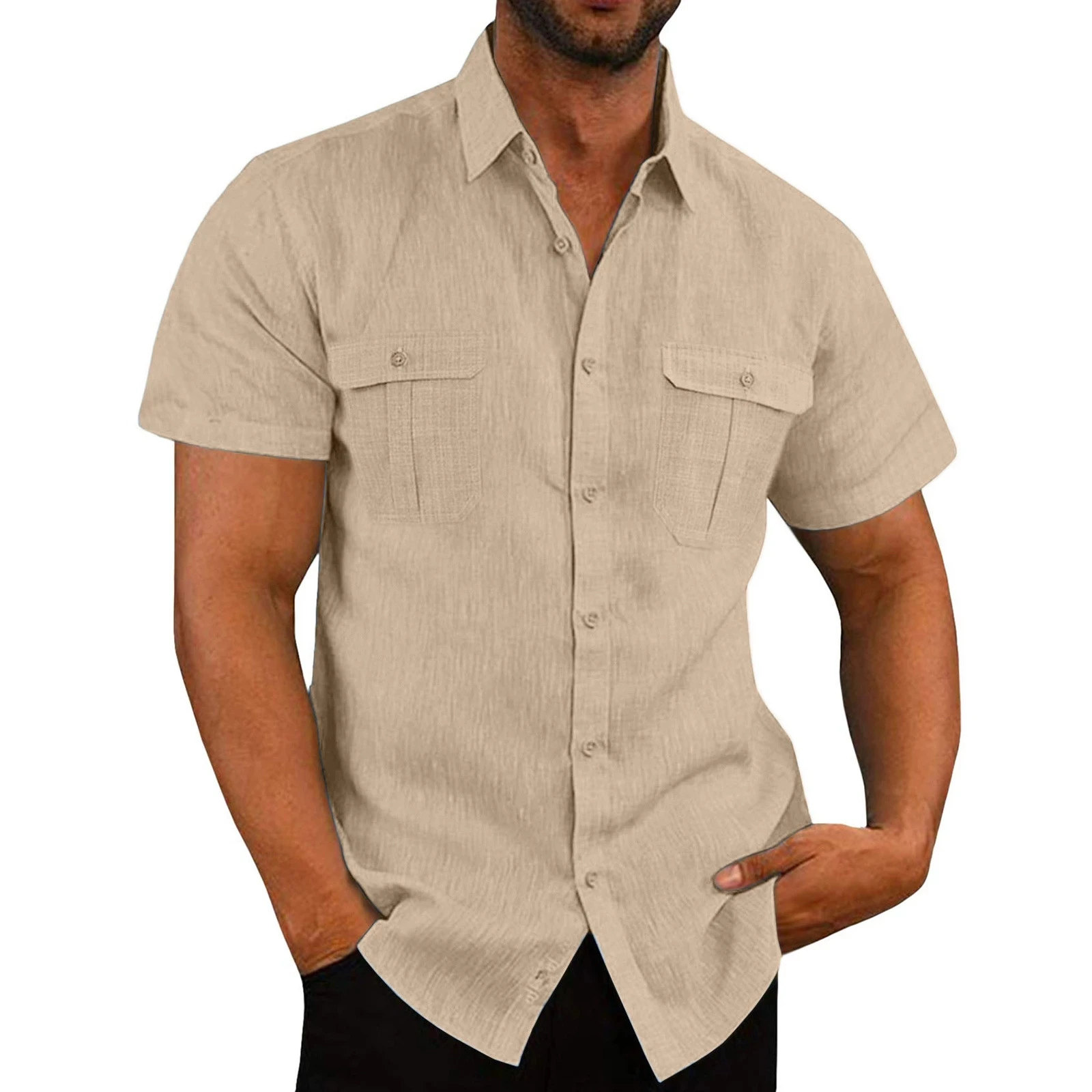 Camisas de manga corta de lino y algodón para hombre, camisas informales de Color sólido con cuello levantado, estilo playero, talla grande, gran