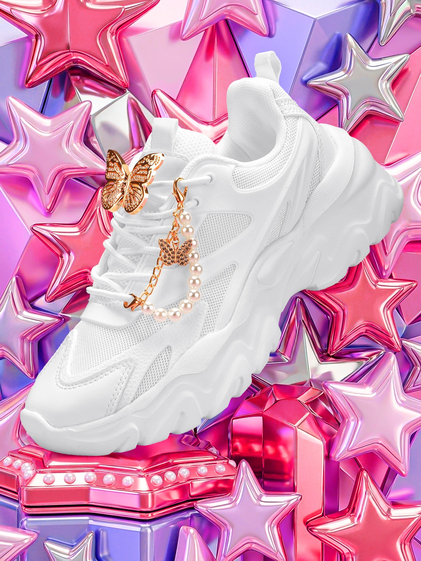 Women's 2026 All-Season Sweet-Cool Style Thick-Soled Vulcanized Shoes with a 5cm Height Increase, Creative DIY Detachable Design, Breathable Mesh Fabric Splicing White Casual Sneakers, Can Be Freely Paired with Rhinestone Gold Butterfly Buckle and Pearl Chain Pendant, Round-Toe Lace-Up Soft Elastic Non-Slip Sole, Trendy Shoes for Daily Commuting, Shopping, and Dating
