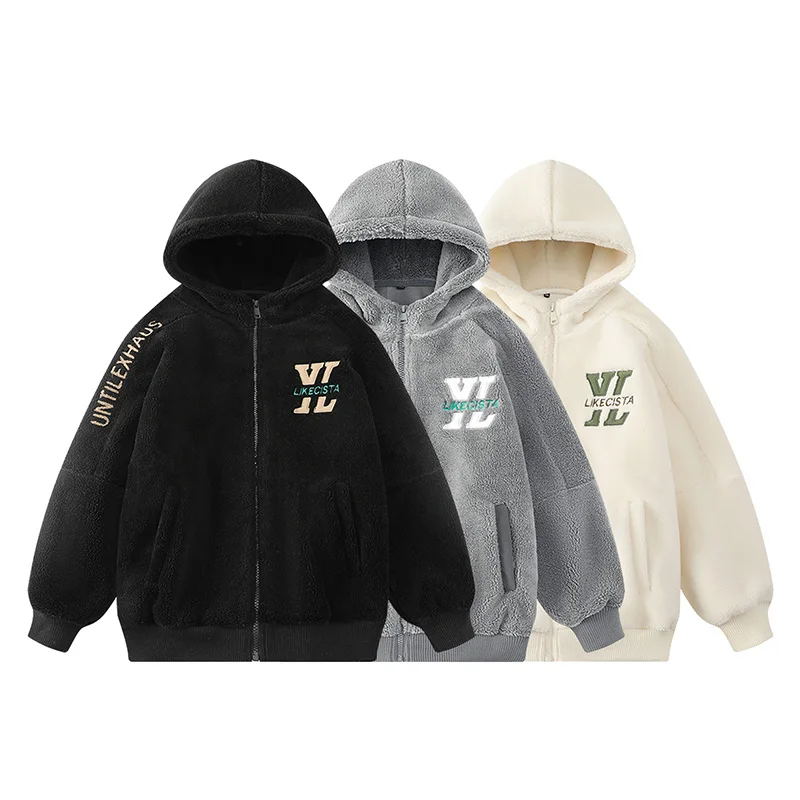 

Embroidered Hoodie Jaet Men's Autumn Winter Thiened Lamb Velvet Baseball Sle Japanese Retro Open Cardigan Hooded Top