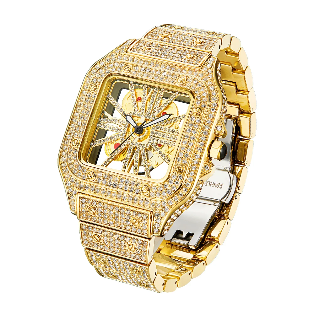 Square Full Diamond Watches For Men Luxury Fashion Ice Out Bling Skeleton Clock Hip Hop Shiny Silver Waterproof Watch Hot Sale