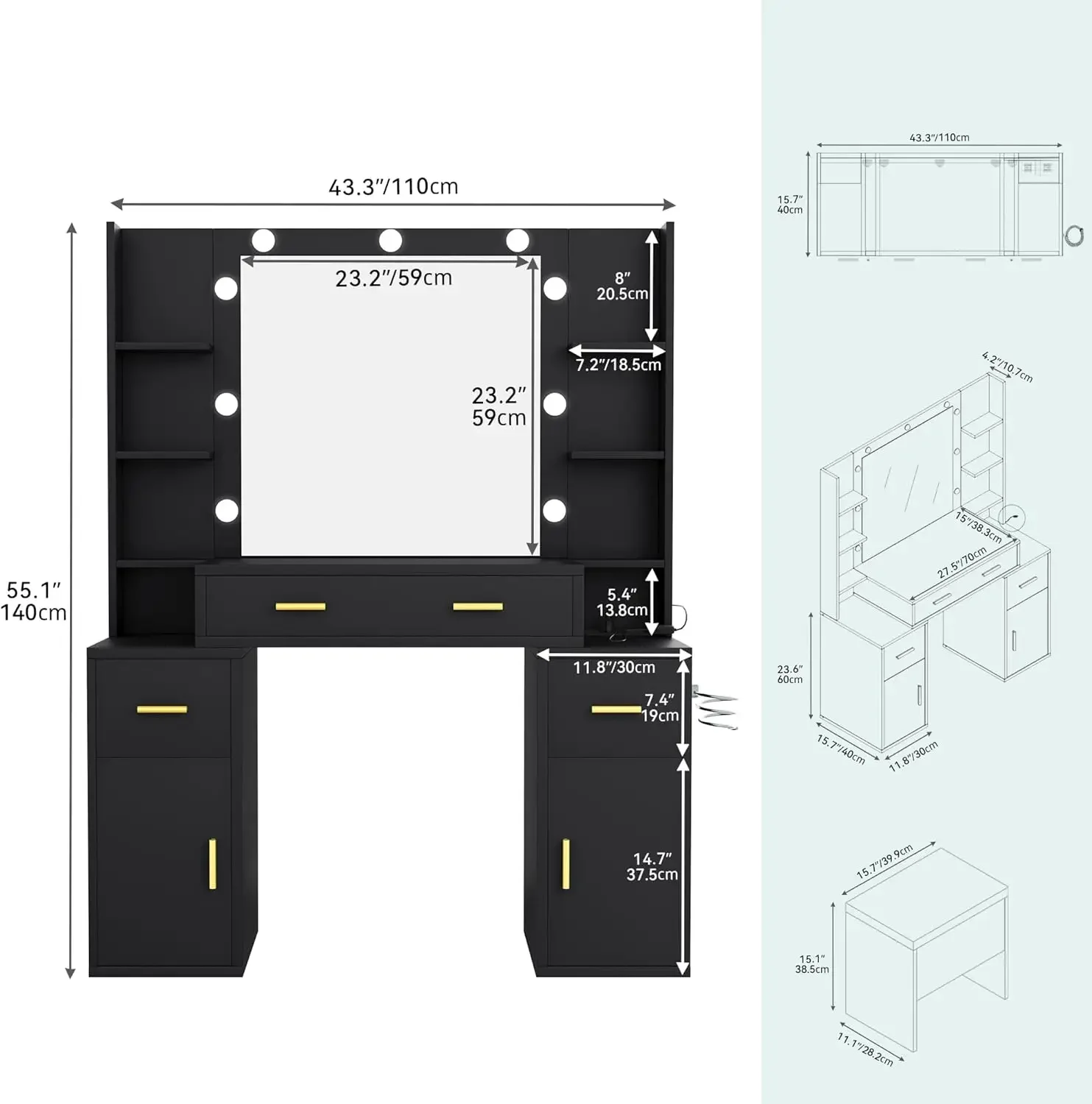 YITAHOME-Bureau de maquillage avec miroir et lumières, grand ensemble de vanité avec station de charge, table en spanTable avec banc de rangement