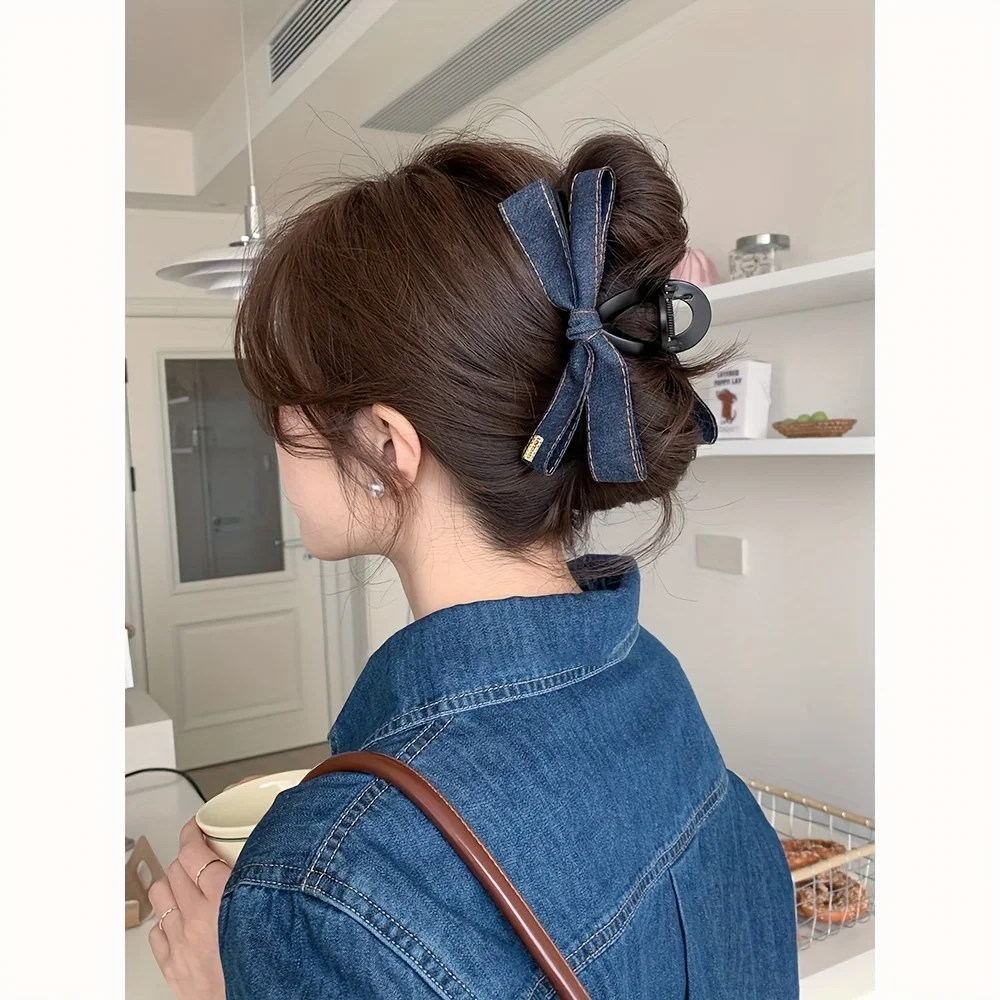 Haarspange aus Denim-Schleifenband, große Schleife, Haarklammer, rutschfeste Haarklammer, starker Halt, modische Haar-Accessoires für Frauen und Mädchen – Detail 1