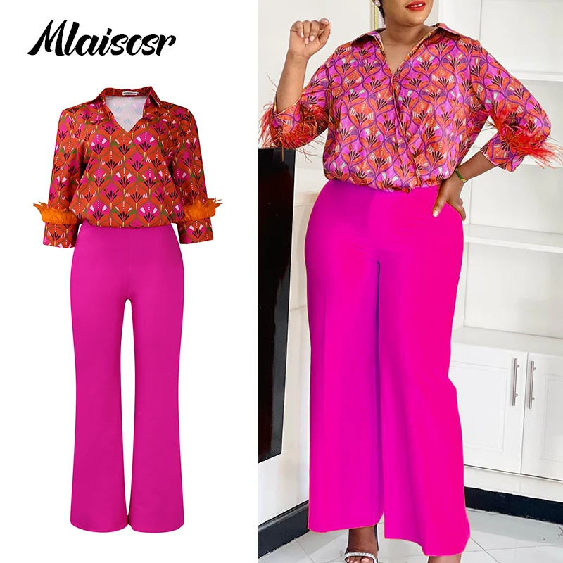 

Mlaiscsr Women African 2 Pieces Sets Elegant Printed Blouse V Neck Full Sleeve Tops and Wide leg Pants Fashion Autumn Outfits