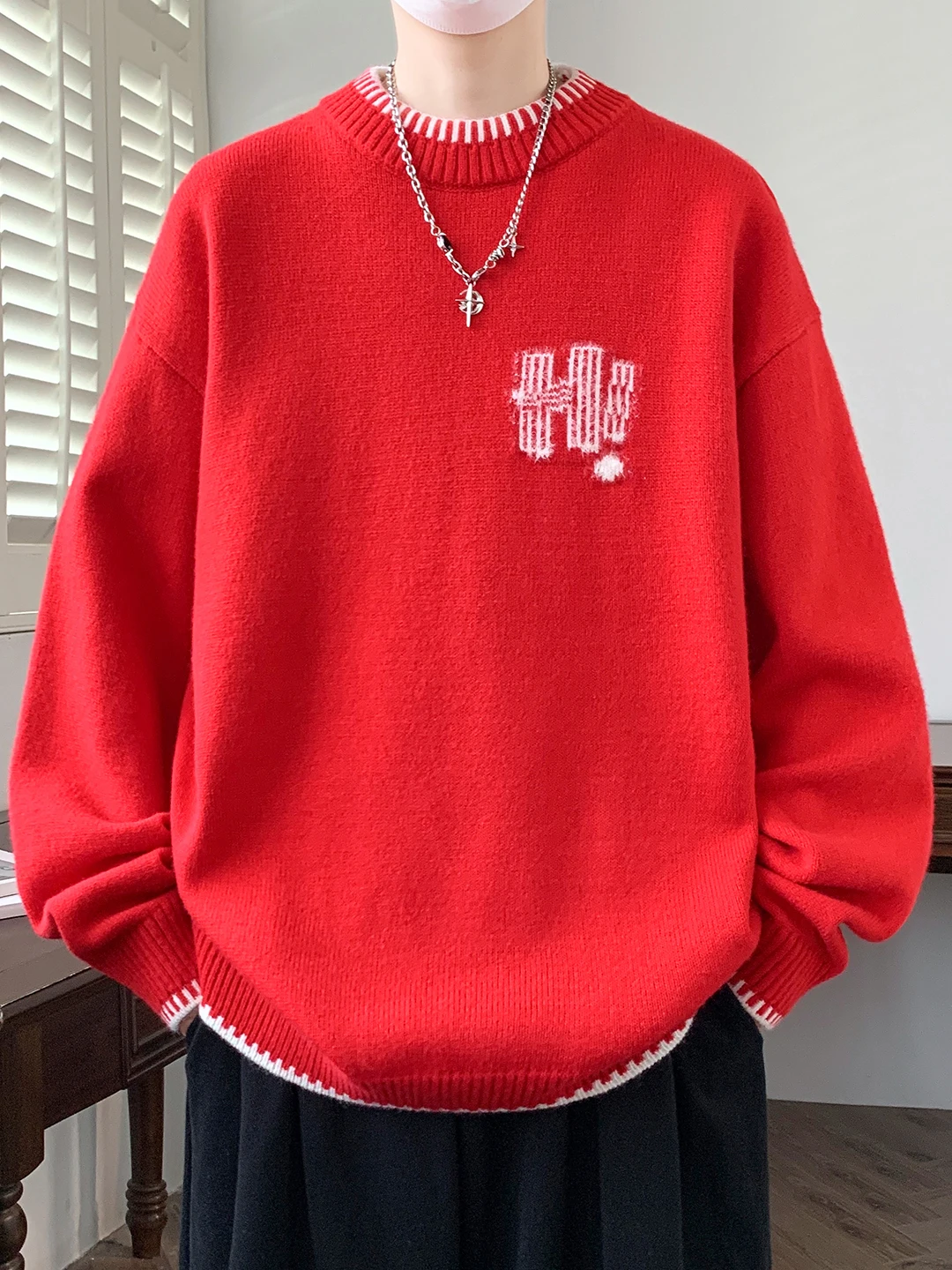 

Men's round Ne Knitwear Embroidered Long Sve Warmth Inner Wear Casual Sle Polyester Blend Fiber Faionable Autumn Winter