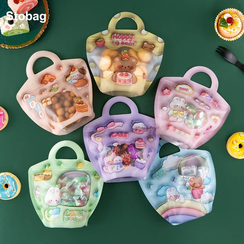 

StoBag 50pcs Cartoon Candy Packaging Ziplock Bags with Handle Cute Kids Child Plastic Sealed Food Snack Cookies Storage Pouches