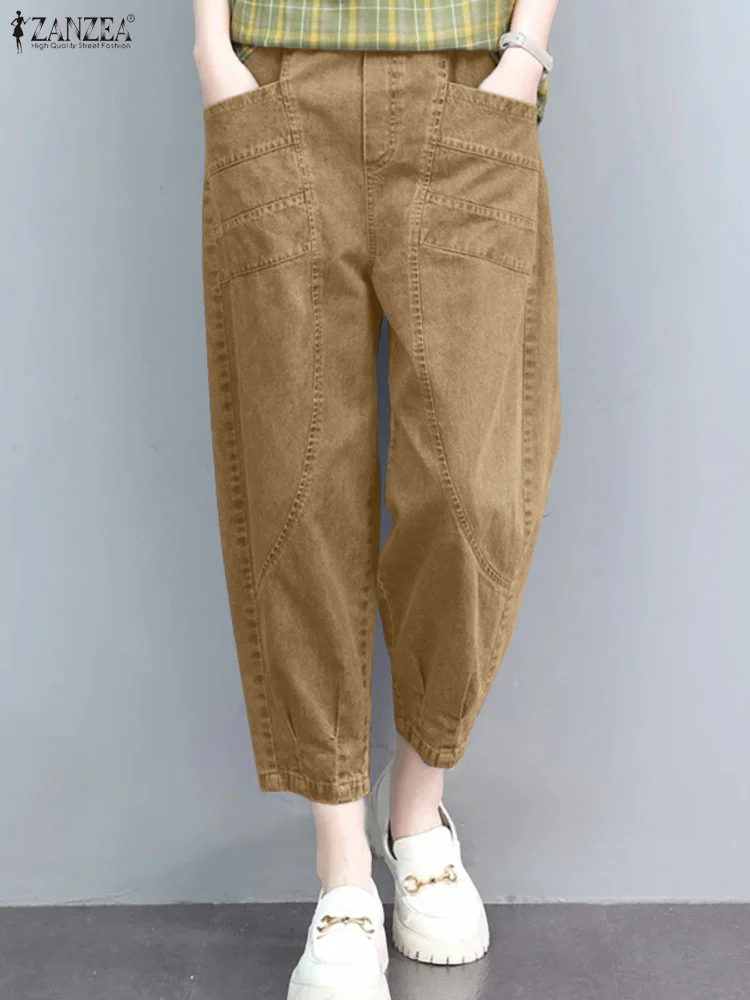 ZANZEA Mode Lange Broek Vrouwen Zakken Taps toelopende Broek 2025, Herfst Elastische Taille Pantalons Casual Solid Elegante Losse Capri