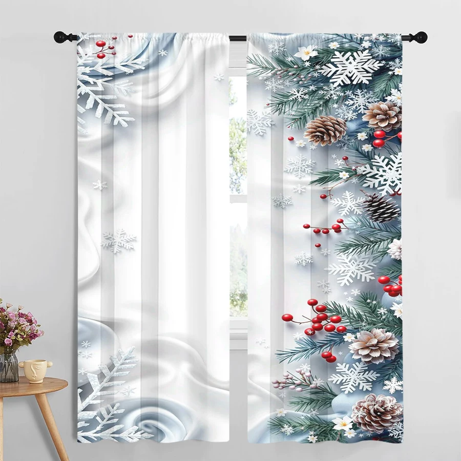 2PCS White Blue Pine Cone Snowflake Curtains, Red Berry Branch Winter Christmas Holiday Window Drapes for Bedroom Decor
