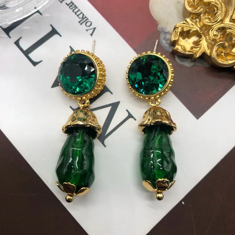 Vintage Grandmother Green Water Drop Glass Pendant Gold Plated Temperament Earrings