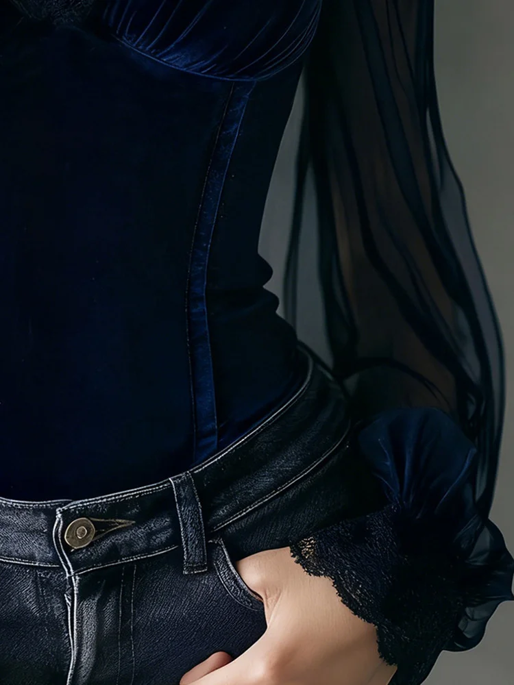 Vintage Elegante Mesh-Damenbluse Schwarze Transparente Slim-Fit Bluse mit Hohem Kragen Spitze Gothic Punk Korsett-Top Langarm Samt Mode-Blusen – Detail 5