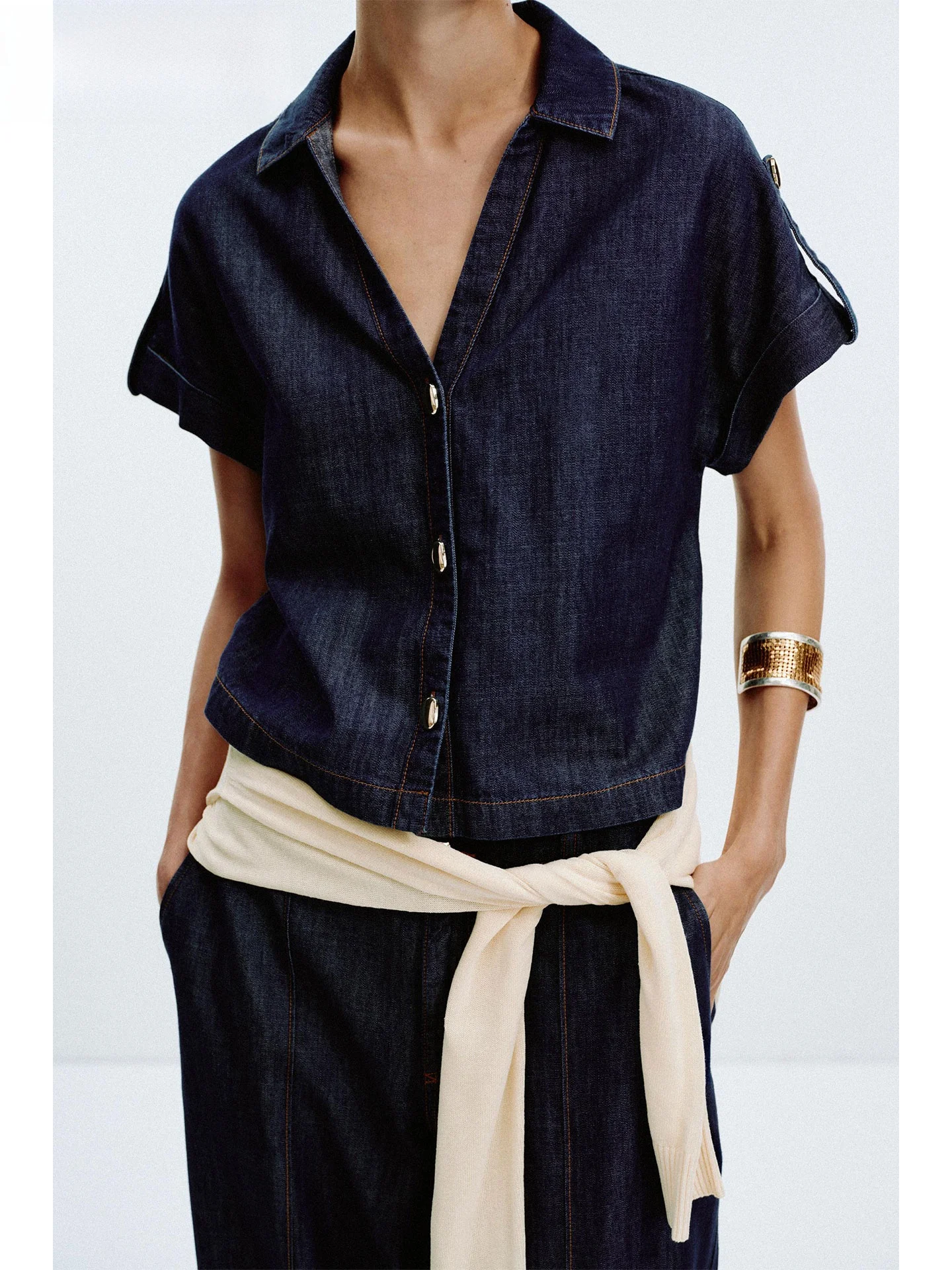 

ZAPRHA Faionable Simple ort Sve Джинсовый отложной воротник irt 2023, осенний новый женский свободный топ, повседневная одежда