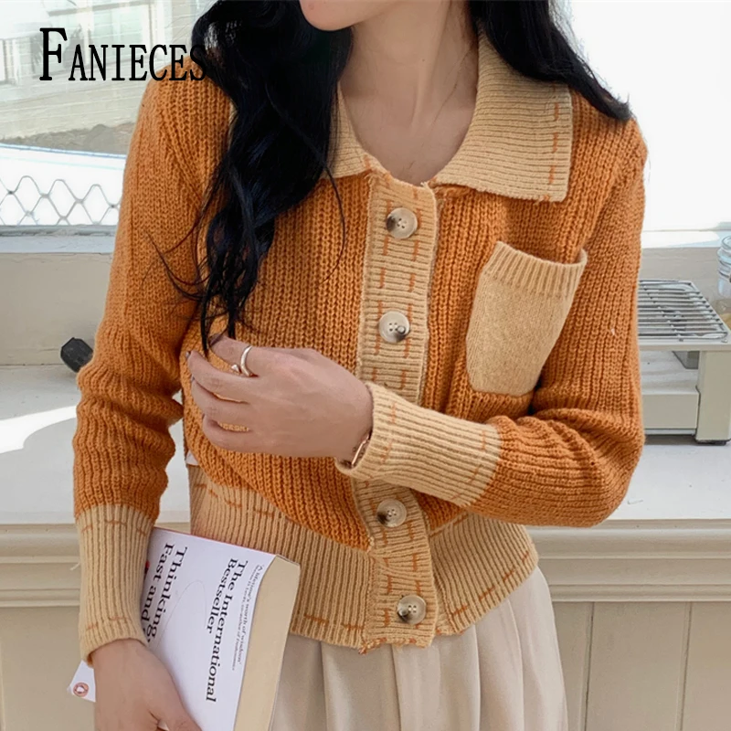 Autumn Color-blocking Women Knitted Cardigan Top Winter Long Sleeve Lapel Button Up Sweater Elegant Knitwear 여성니트 свитер женский