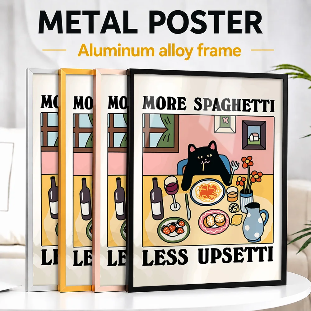 More Spaghetti Less Upsetti Cat Framed Metal Print Customized Photo Cheerful Cartoon Style Wall Art For Cafe Funny Friend Gift