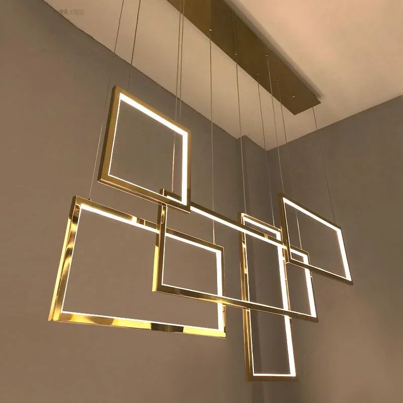 

Modern Rectangle Led Personality Stainless Steel Chandelier Living Room Titanium/Rose Gold Light Bar Restaurant Strip Chandelier