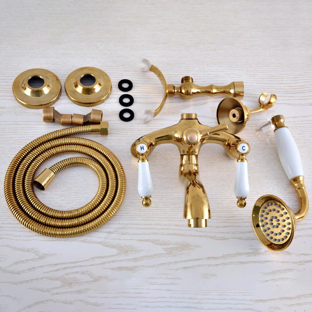 Luxury Gold Color Brass Wall Mount Bathroom Bath Tub Faucet Set WITH/ 1.5M Handheld Shower Spray Head Mixer Tap Dna966