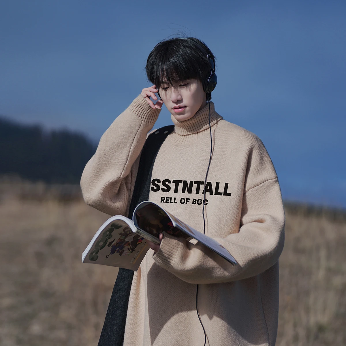 

Мужской утепленный свитер свободного кроя с высоким воротом и длинными рукавами, в американском винтажном стиле, для подростков, зимний, повседневный